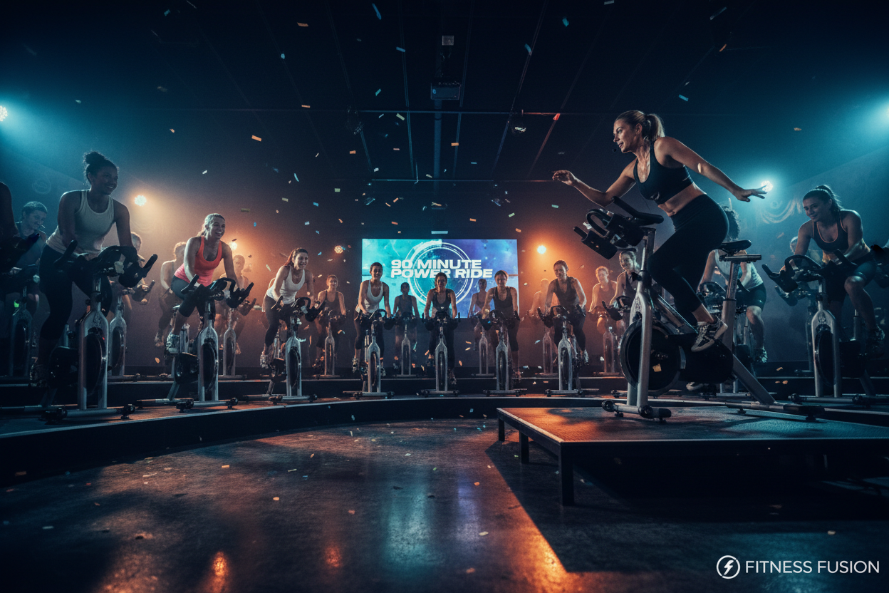 Energetic group cycling together in a spin studio